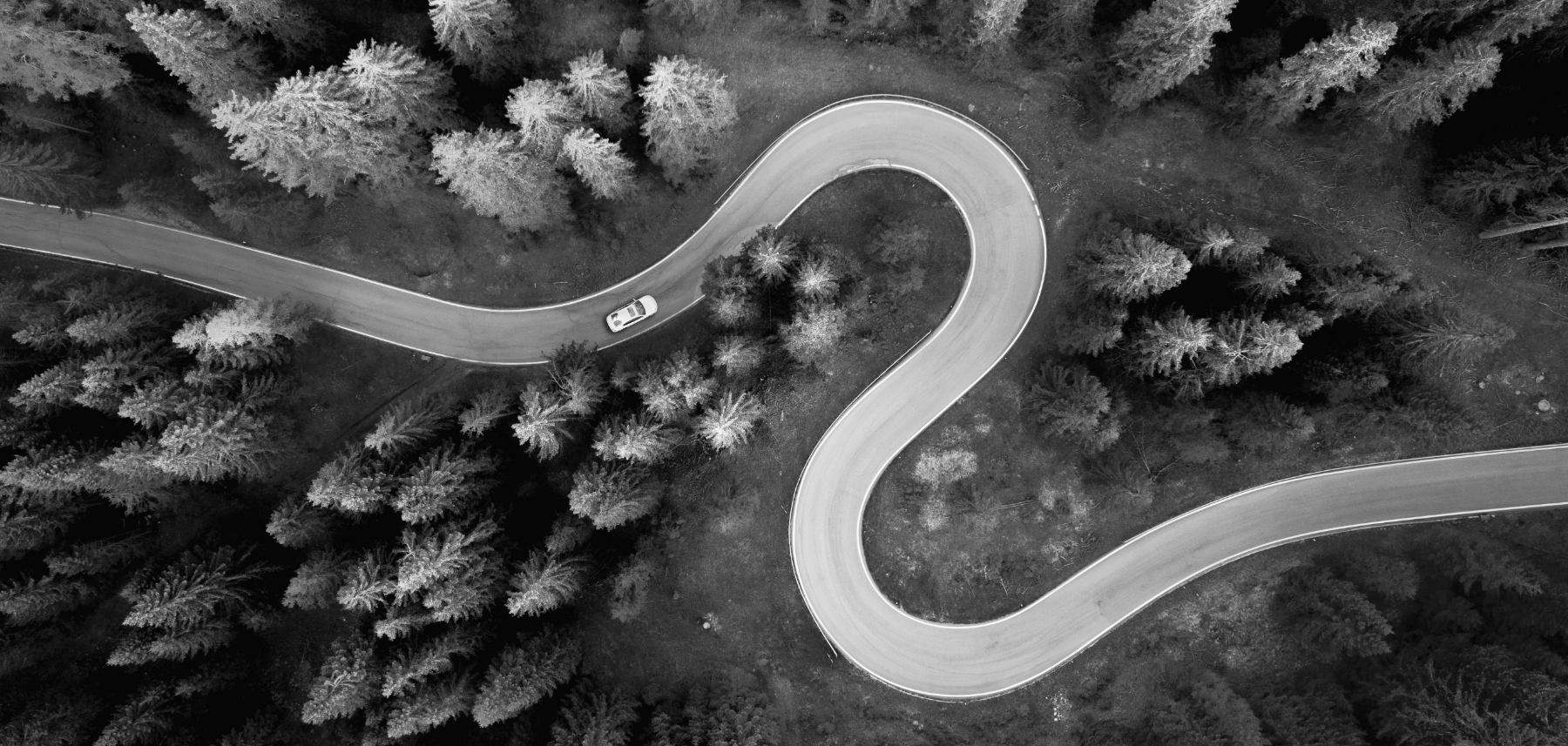 A black and white photo of a winding road.